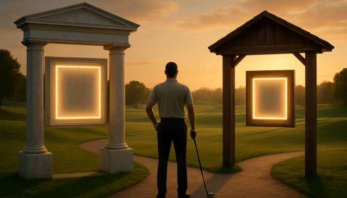 Golfer comparing entrance fees between an opulent marble and a simpler wooden golf club entrance.