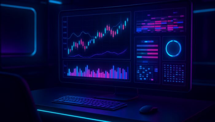Futuristic interface of Freqtrade with colourful crypto trading pair charts, candlesticks, and volume heatmaps.