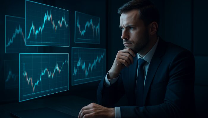 Trader cross-referencing conflicting cryptocurrency charts on holographic screens in a dimly lit office.