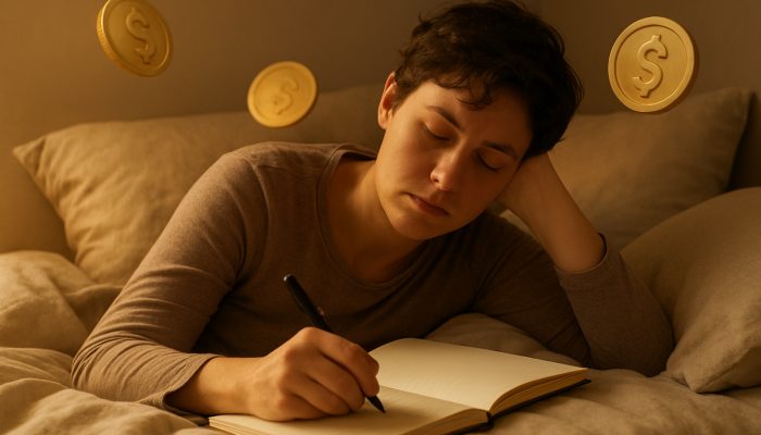 Tired individual resting in bed writing a gentle debt repayment plan in a journal with warm golden light