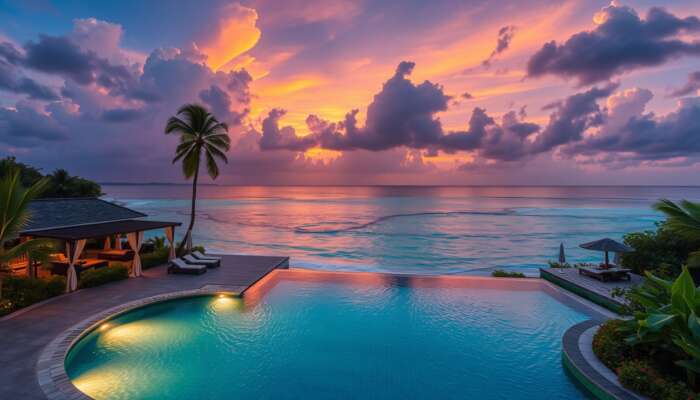 Luxurious Belizean resort at sunset, nestled in tropical jungles and beaches, featuring elegant suites, an infinity pool, and gourmet dining.