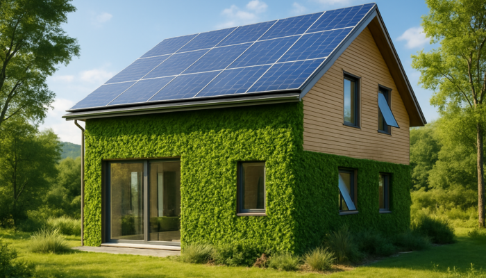 Modern eco-friendly house with solar panels, green walls, and smart windows set against a tranquil landscape.