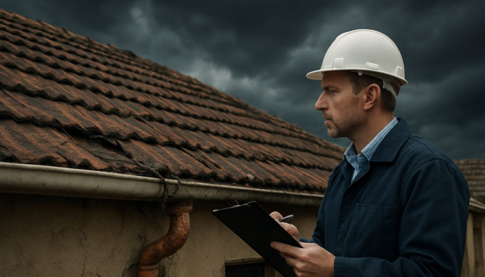 Professional inspector assesses cracked roof and exposed wires on an older South African home in Springs under a stormy sky.