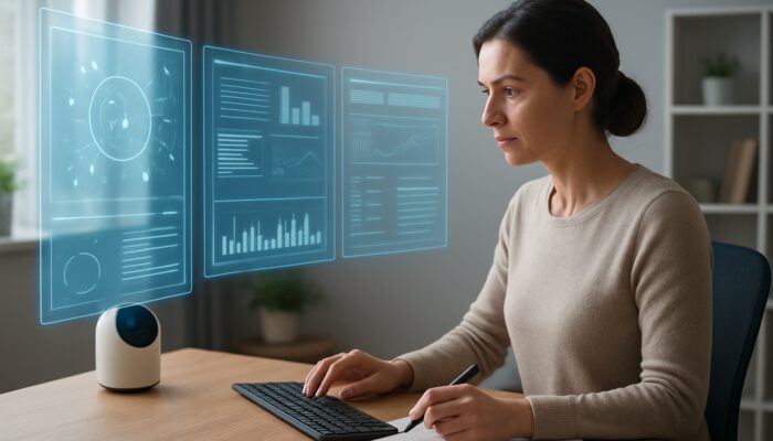 Remote assistant with holographic screens displaying research and editing tools for a focused writer in a modern home office.