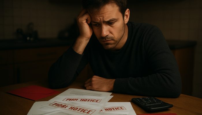 Identifying Financial Risks from Support Payments | DCL Worried person at dim table with overdue gas, electricity and water bills stamped final notice