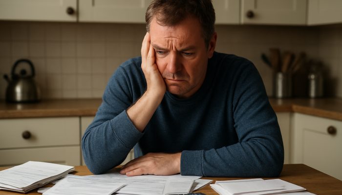 Recognising Financial Risks from Support Payments | DCL Anxious British resident at cluttered table with council tax bills and support letters
