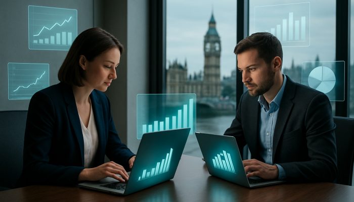 Utilising Cash Flow Tools Before Additional Borrowing: Key Strategies | DCL British SME owners analysing cash flow dashboards on laptops in sleek London office with UK landmarks.