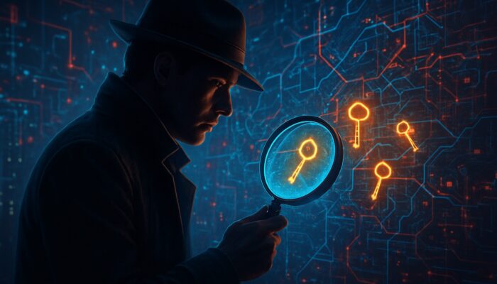 Digital detective uncovers competitor keyword gaps with a glowing magnifying glass in a cyber landscape