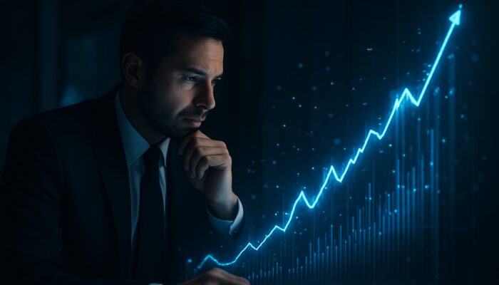Trader examining glowing holographic charts of a rising profit-to-drawdown ratio in a dim office
