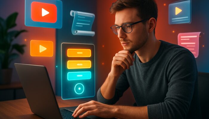 Young creator reviewing glowing pricing tiers and YouTube thumbnails on laptop in vibrant studio