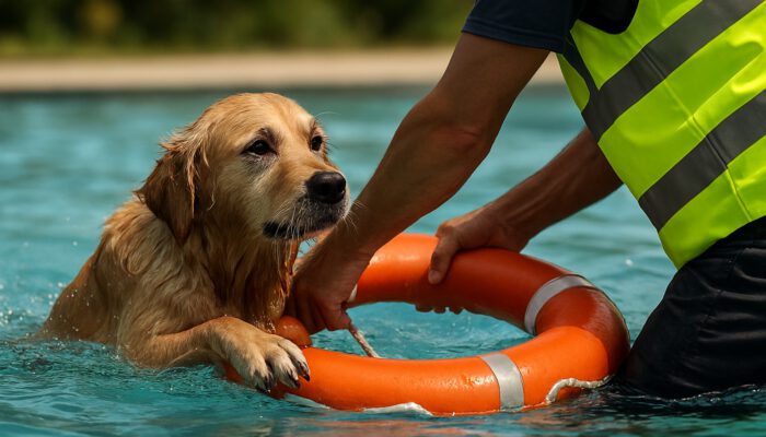 Person rescuing a soaked golden retriever from a pool using a life ring in daylight