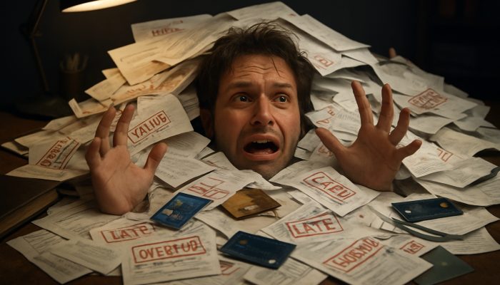Signs You Have Too Many Separate Debts: Spot Key Indicators | DCL Person overwhelmed by chaotic pile of overdue bills and loan documents on a cluttered desk