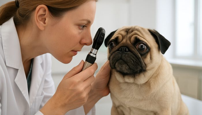 Veterinarian assessing pug's bulging eyes with an ophthalmoscope in a modern clinic for brachycephalic eye care