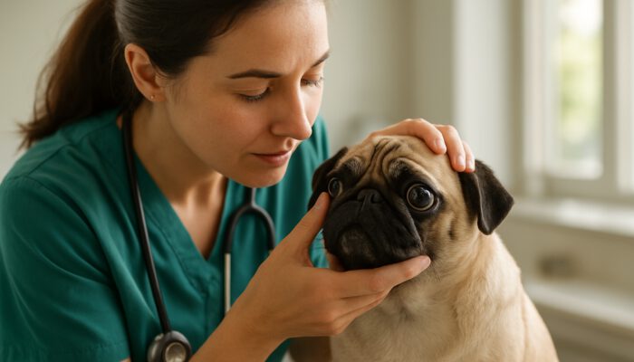 Vet examining pug's bulging eyes in a sunlit clinic for early detection of brachycephalic eye care issues