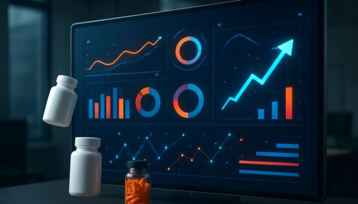 Digital dashboard showcasing supplement ad performance metrics with lively graphs and vitamin icons