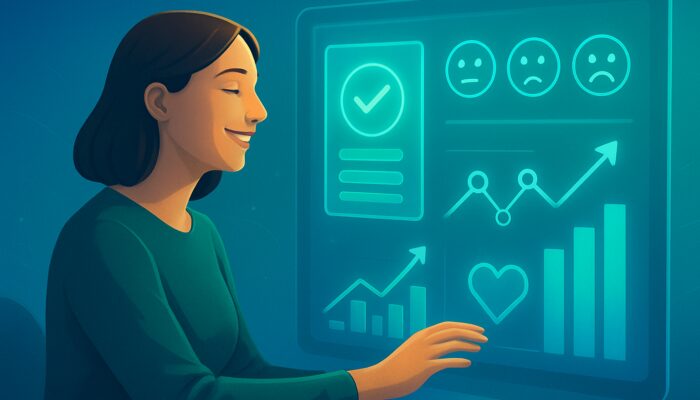 Satisfied customer at glowing web hosting dashboard with feedback surveys, loyalty icons, and growth charts