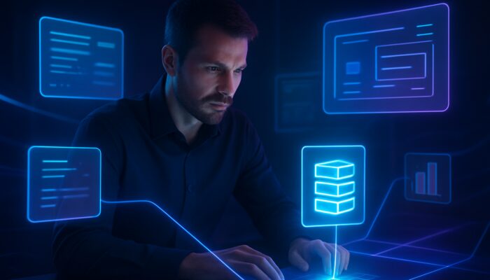 Digital strategist amid holographic blogs, charts, and tools converging on neon server icon.