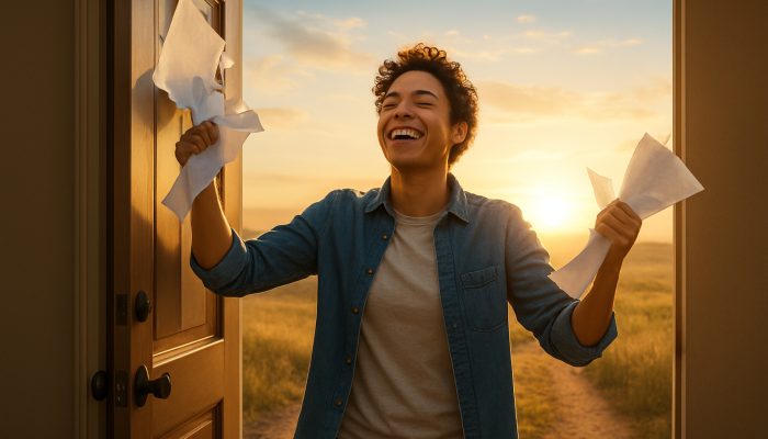 Planning Life After Monthly Debt Bills End: New Beginnings | DCL Relieved individual tearing up debt bills, stepping through an open door into a sunlit horizon for new beginnings.