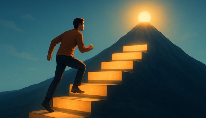 Planning Life After Monthly Debt Bills End: New Beginnings | DCL Individual climbing stepping stones labelled emergency fund and holiday savings towards the summit of financial independence